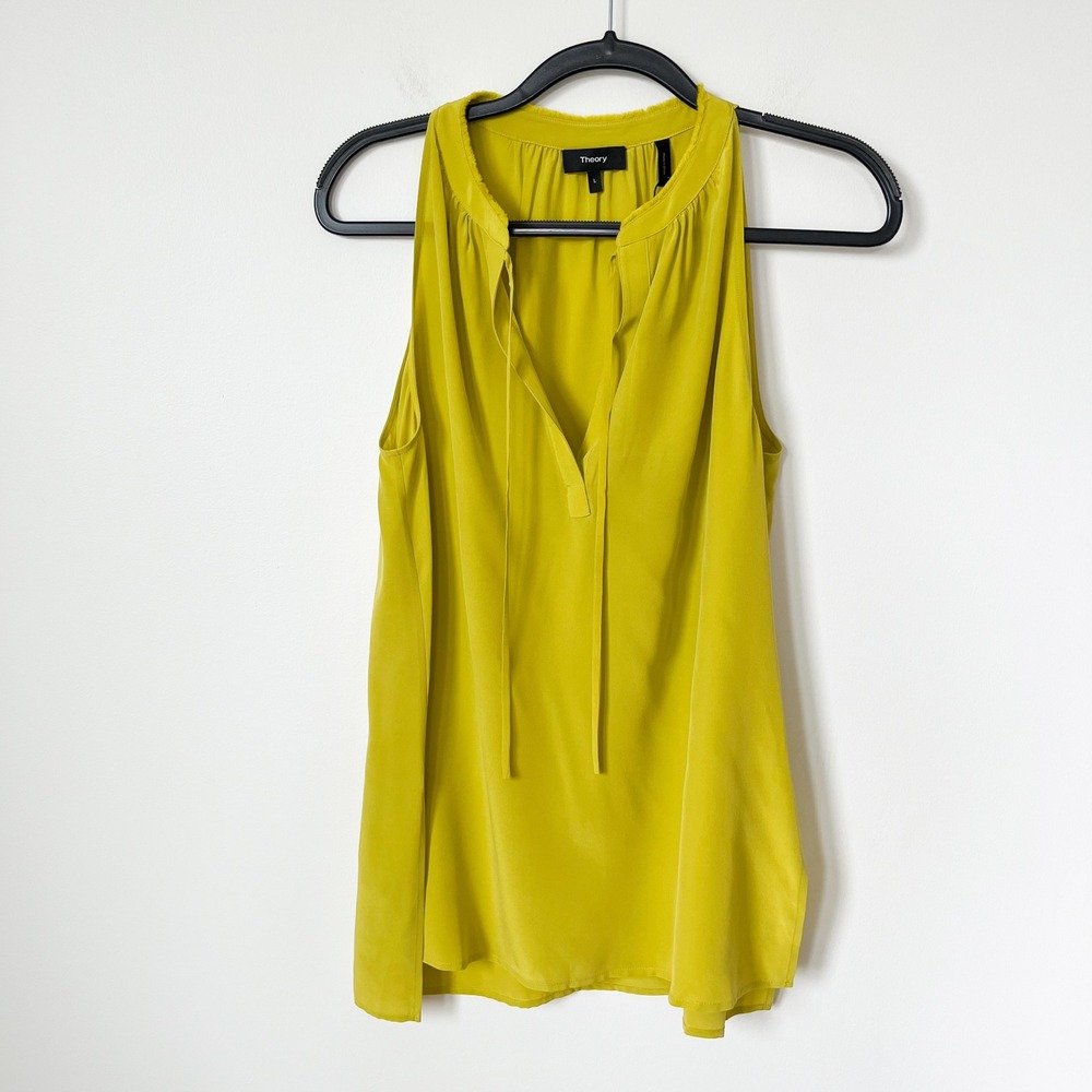 NEW Theory Livilla Summer Silk Sleeveless Blouse Chartreuse Womens Large